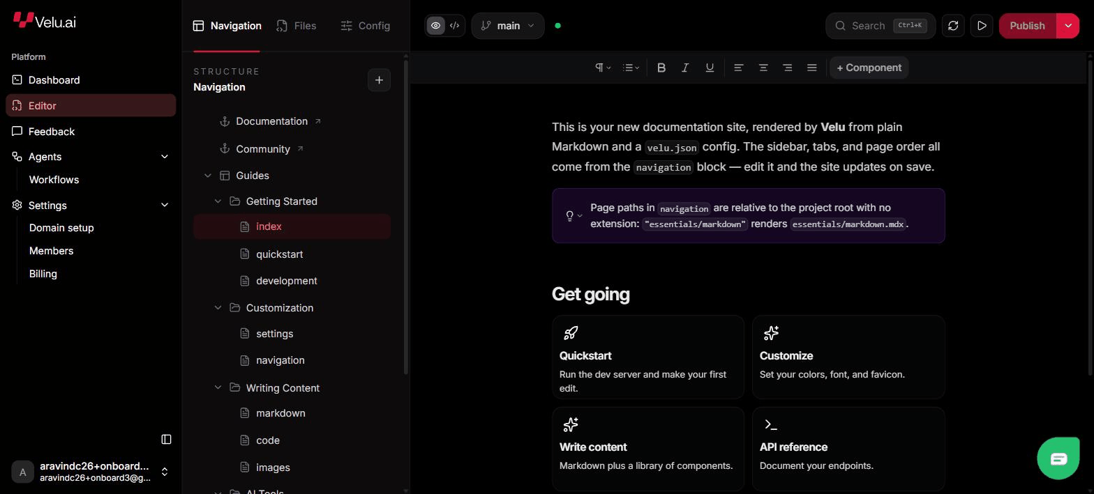 The Velu web editor: the Navigation tab with the page tree on the left, the formatting toolbar with the plus Component menu, and a page open in visual view
